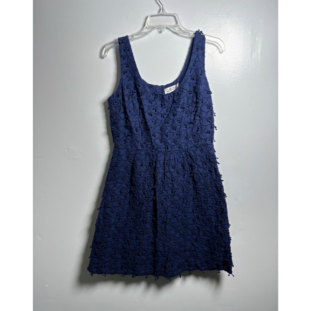 Vineyard Vines Blue Embroidered Lined A-Line Dress Scoop Neck Linen 10